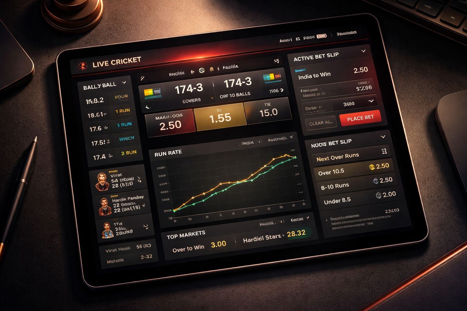 666TK in-play betting dashboard displaying cricket odds and live match statistics